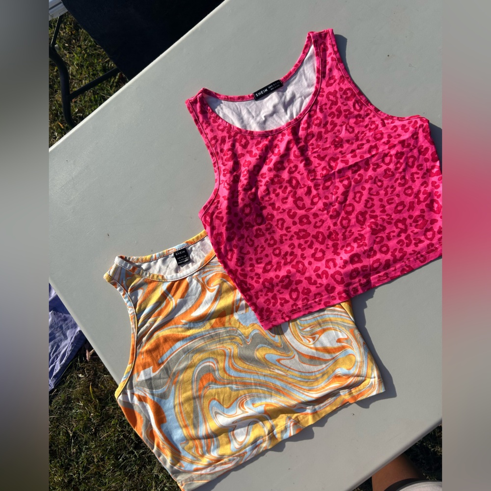 SHEIN Pink Leopard and Yellow Swirl Tank Tops
